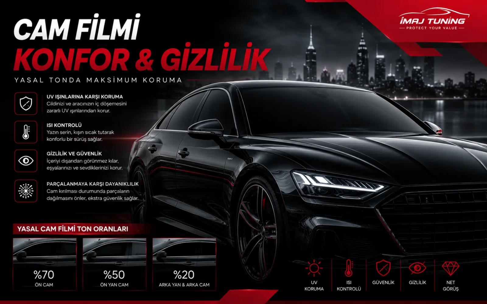 oto cam filmi yasal mı — koyu tonlu lüks araç